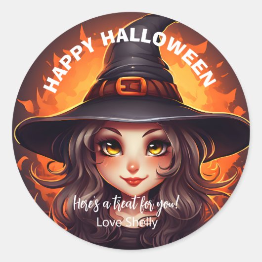 Schattigee heks Happy Halloween vriendelijke pompo Ronde Sticker (Voorkant)