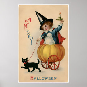 Schattigee heks in pompoen  Halloween Kaart Poster