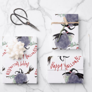 Schattigee heks op haar bezemsteel Halloween 3xWPS Inpakpapier Vel
