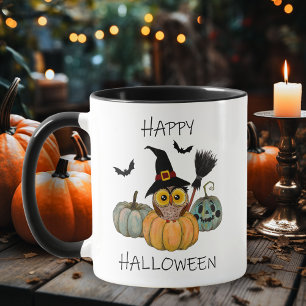 Schattigee Heks Uil met Pompoenen Happy Halloween Mok