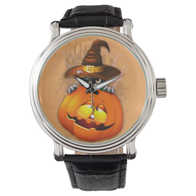 Schattigee heksenkat en pompoen Halloween vrienden Horloge (Voorkant)