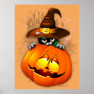 Schattigee heksenkat en pompoen Halloween vrienden Poster