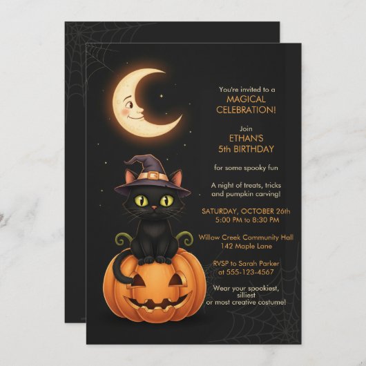 Schattigee Heksenkat en Pompoen Verjaardag Kaart (Voorkant / Achterkant)