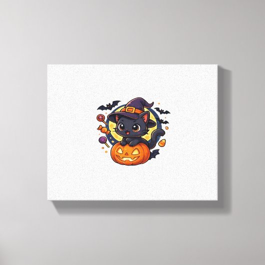 Schattigee heksenkat op pompoen - Halloween Art Ov Canvas Afdruk (Voorkant)