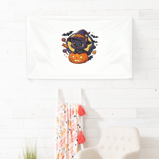 Schattigee heksenkat op pompoen - Halloween Art Ov Spandoek (Insitu)