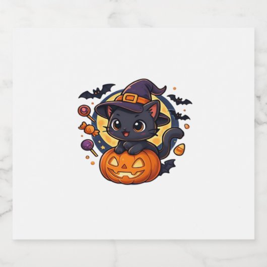 Schattigee heksenkat op pompoen - Halloween Art Ov Sparkling Wijnetiket (Enkel label)