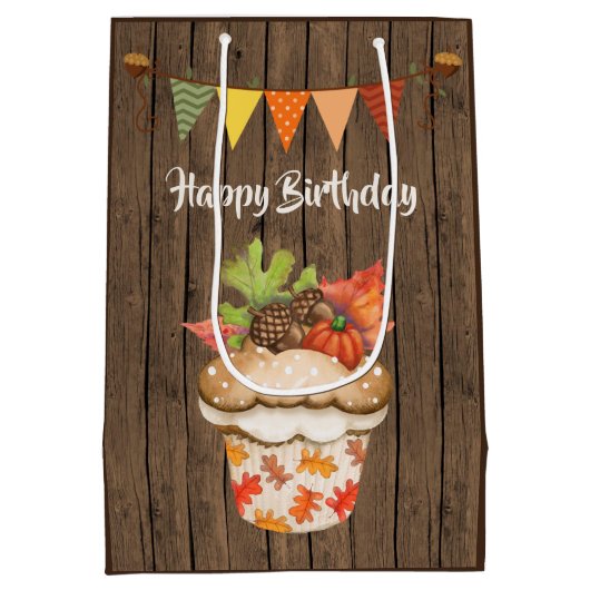 Schattigee herfstcupcake en Bunting Herfst Verjaar Medium Cadeauzakje (Achterkant)
