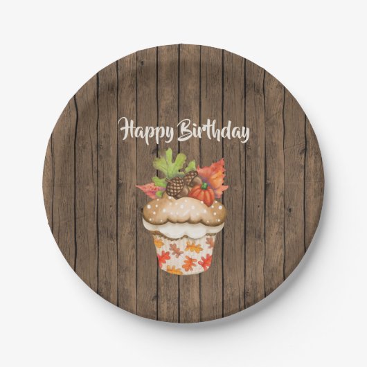 Schattigee herfstcupcake op houten Herfst Happy Bi Papieren Bordje (Voorkant)