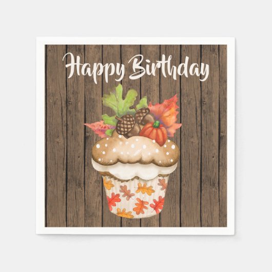 Schattigee herfstcupcake op houten Herfst Happy Bi Servet (Voorkant)