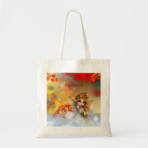 Schattigee herfstfee met gevallen bladeren tote bag