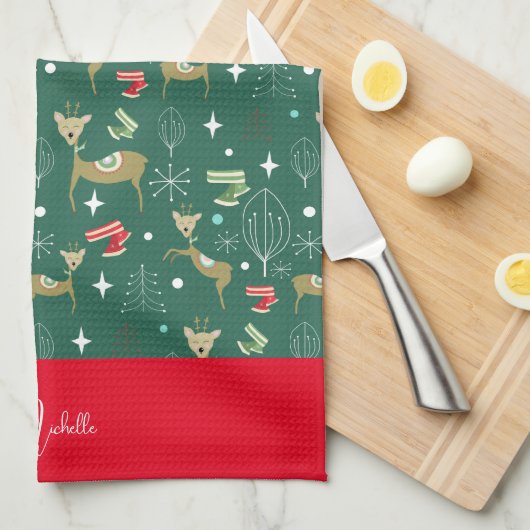 Schattigee herten met kerstbomen en sneeuwvlokken theedoek (Quarter Fold)