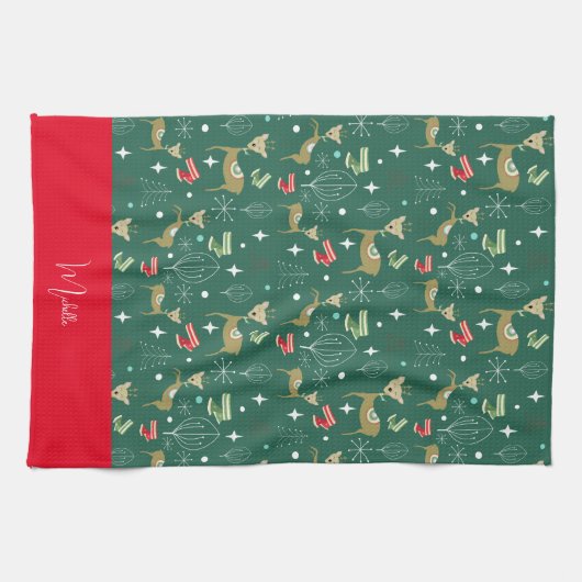 Schattigee herten met kerstbomen en sneeuwvlokken theedoek (Horizontaal)