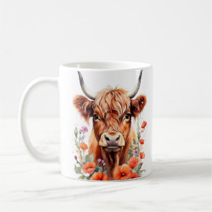 Schattigee Highland Koe en Poppy Flowers Waterverf Koffiemok