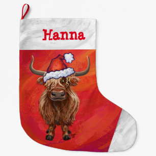 Schattigee Highland Koe in Santa Hat op rood Grote Kerstsok