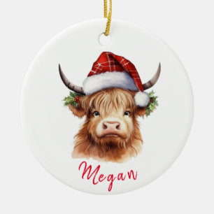 Schattigee Highland Koe Kerstmis Santa Hat geperso Keramisch Ornament