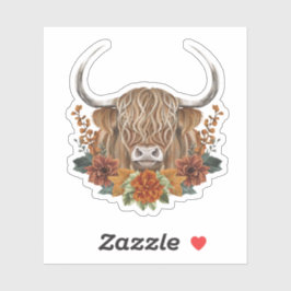 Schattigee Highland Koe met Herfst Flowers Sticker