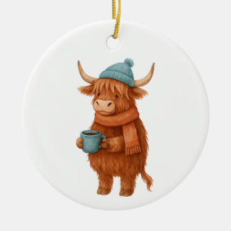 Schattigee Highland Koe met Koffie – Gezellige Win Keramisch Ornament