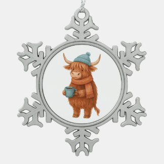 Schattigee Highland Koe met Koffie – Gezellige Win Tin Sneeuwvlok Ornament