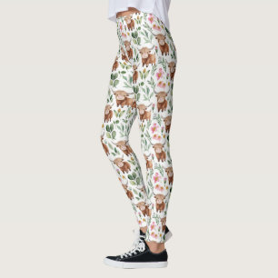 Schattigee Highland Koeien & Roze Bloemen Patroon  Leggings
