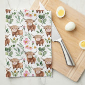 Schattigee Highland Koeien & Roze Bloemen Patroon Theedoek (Quarter Fold)