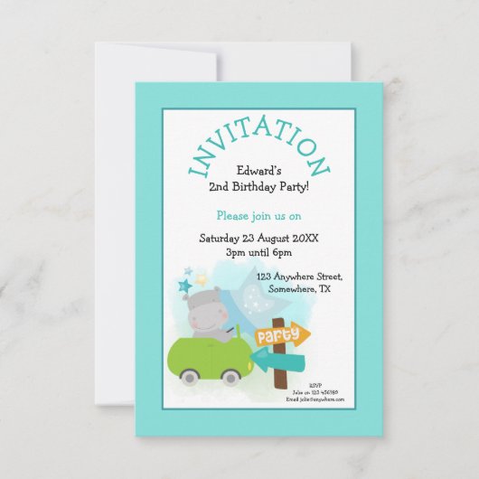 Schattigee Hippo Auto Peuter Verjaardagsfeest Blau Kaart (Voorkant)