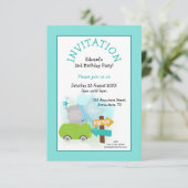 Schattigee Hippo Auto Peuter Verjaardagsfeest Blau Kaart (Staand voorkant)