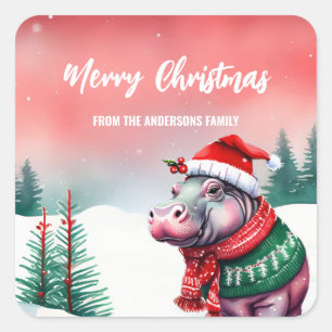 Schattigee HIPPO dierentuin Kerstfeest kinderen Vierkante Sticker