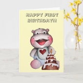 Schattigee Hippo eerste verjaardag Kaart (Gele Bloem)