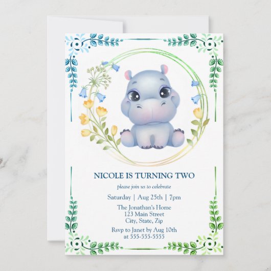 Schattigee Hippopotamus Bloemkrans 2e Verjaardag Kaart (Voorkant)