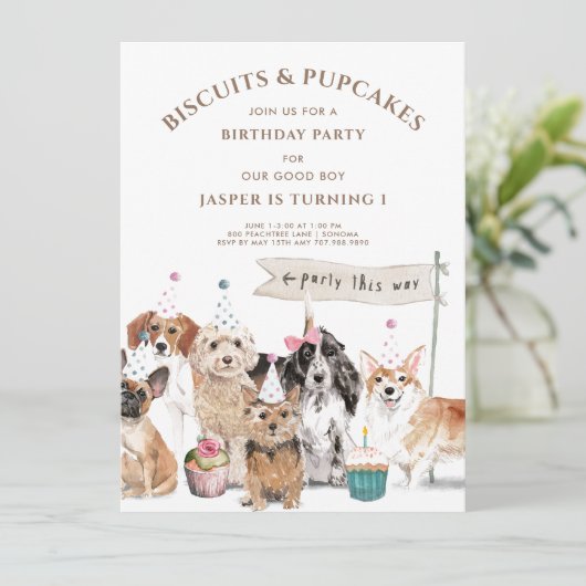 Schattigee hond 1e verjaardagsfeestje kaart (Staand voorkant)