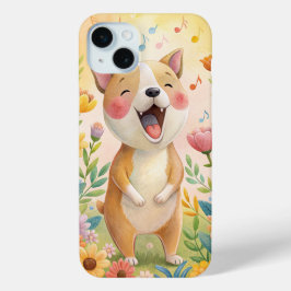 Schattigee hond die met bloemen zingt iPhone 15 mini hoesje