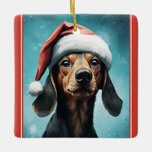 Schattigee Hond Dragen Santa Hat Dachshund Christm Keramisch Ornament (Voorkant)