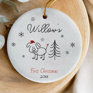 Schattigee hond eerste kerstboom sneeuwvlokken keramisch ornament