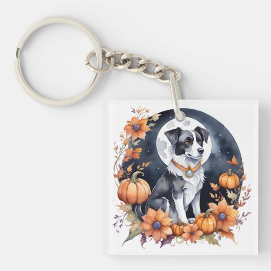 Schattigee Hond Halloween Bloemen Moon Canine Love Sleutelhanger (voorkant)