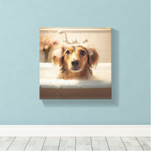 Schattigee hond in bad, ideaal voor badkamer canvas afdruk