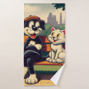 Schattigee, hond/kat cartoon badhanddoek