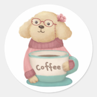 Schattigee hond & koffie illustratie ronde sticker