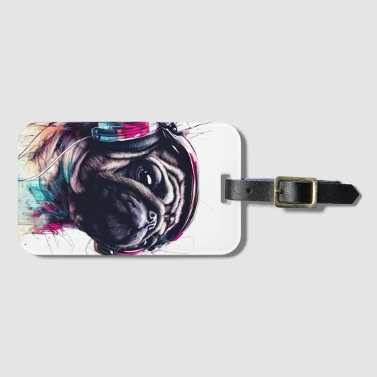 Schattigee Hond met Hoofdtelefoon waterkleurillust Bagagelabel (Voorkant (horizontaal))