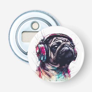 Schattigee Hond met Hoofdtelefoon waterkleurillust Button Flesopener