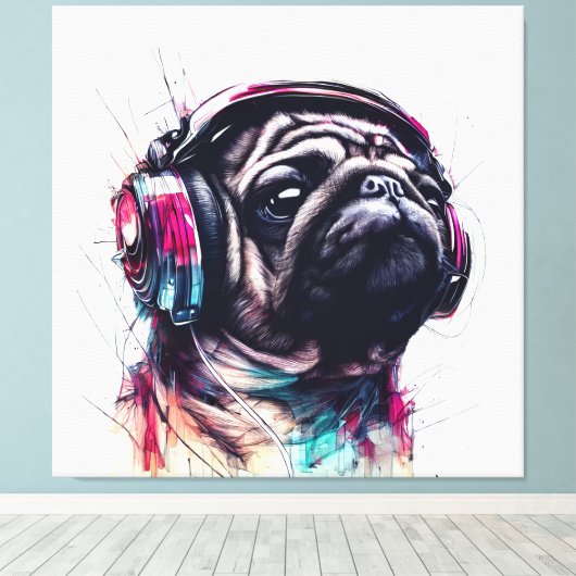 Schattigee Hond met Hoofdtelefoon waterkleurillust Canvas Afdruk (Insitu (Houten vloer))