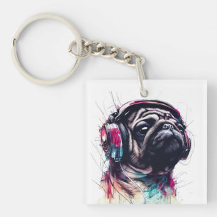 Schattigee Hond met Hoofdtelefoon waterkleurillust Sleutelhanger