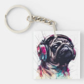 Schattigee Hond met Hoofdtelefoon waterkleurillust Sleutelhanger (voorkant)