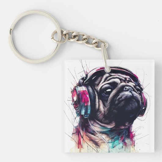 Schattigee Hond met Hoofdtelefoon waterkleurillust Sleutelhanger (voorkant)