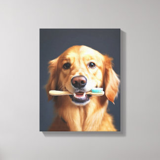 Schattigee hond met tandenborstel ideaal voor badk canvas afdruk
