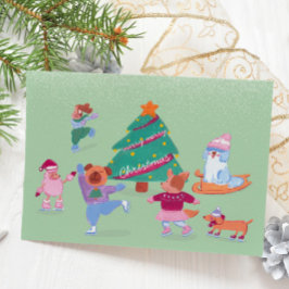 Schattigee Honden Schaatsen groen Flat Holiday Kaa Feestdagenkaart