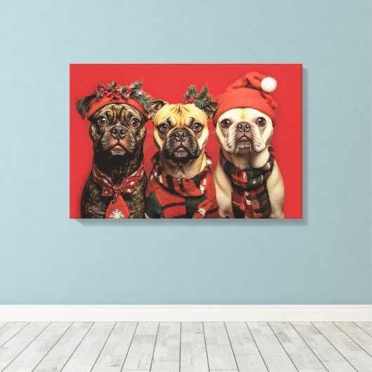 Schattigee honden vieren kerst canvas afdruk (Insitu (Houten vloer))
