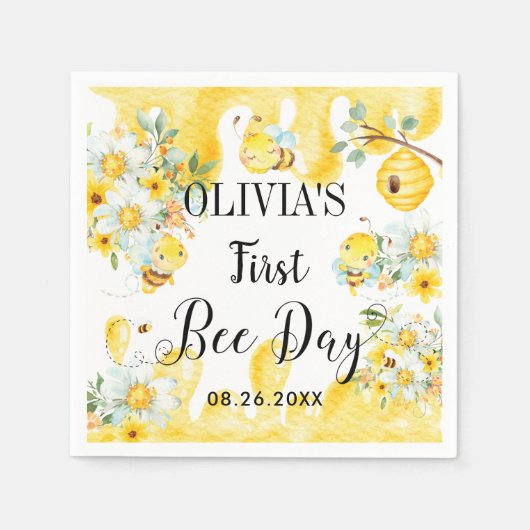 Schattigee Honingbijen Geel Bloemen Verjaardag Servet (Voorkant)