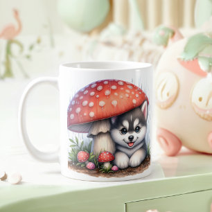 Schattigee Husky puppy onder paddenstoelenparaplu Koffiemok