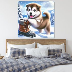 Schattigee Husky Puppy Spelen in het besneeuwde wi Canvas Afdruk