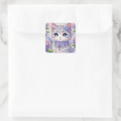 Schattigee Hydrangea Princess Cat Vierkante Sticker (Tas)